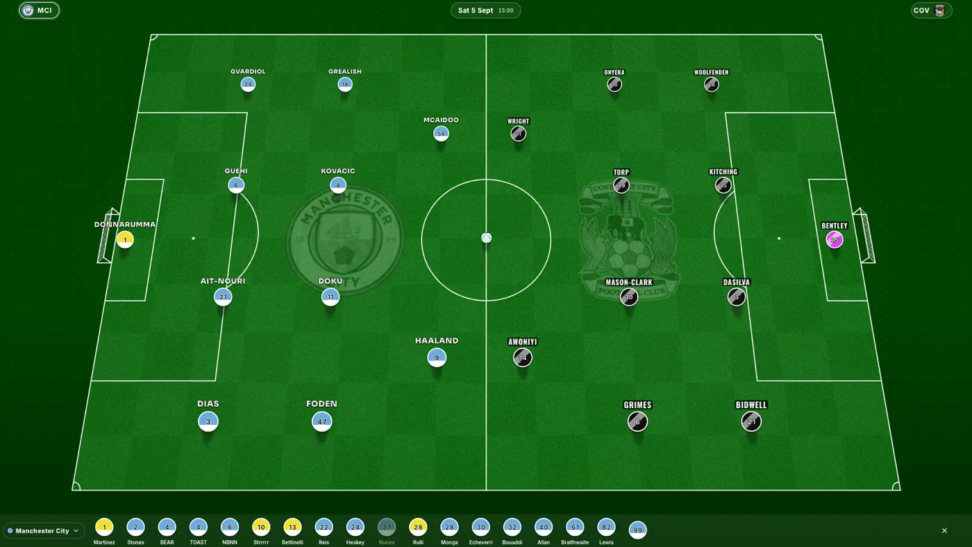 Manchester City against Coventry City on the board in Present mode, with the bench along the bottom