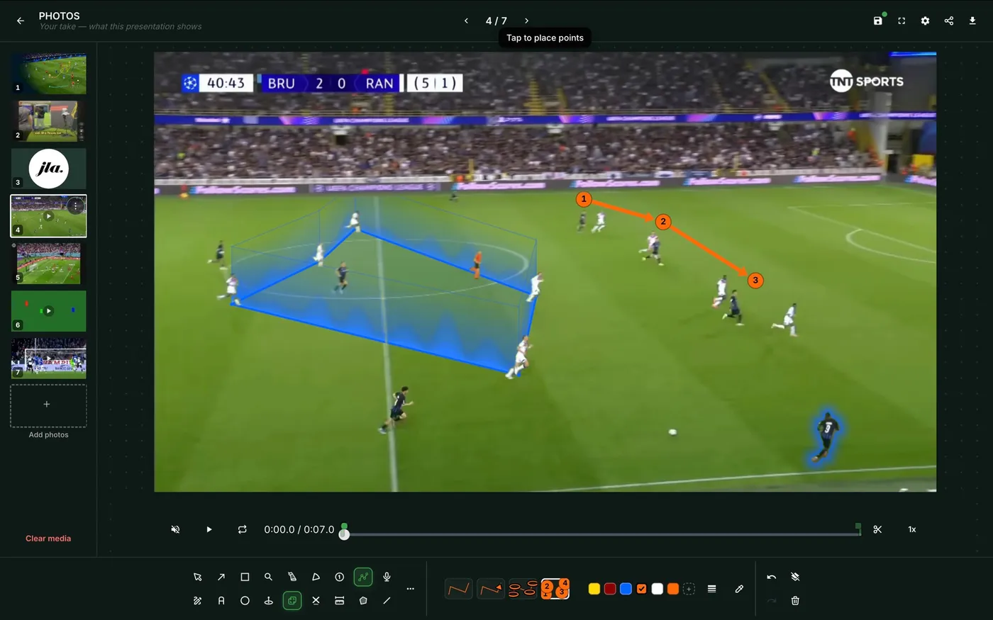 Media Draw with a blue 3D zone and a numbered orange path drawn over Champions League footage